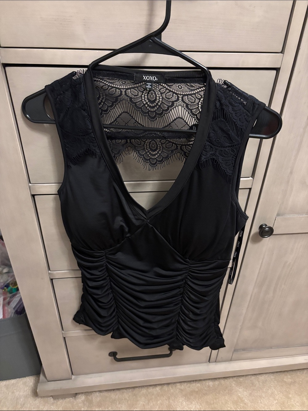 XOXO Black Lace-Back Ruched V-Neck Tank